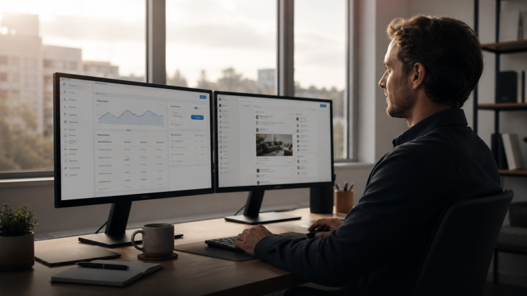 A professional digital marketer comparing Google Ads vs Meta Ads on dual monitors in a calm office setting