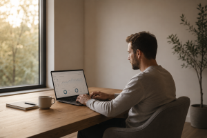 A person working on technical SEO at a quiet minimal desk with soft daylight