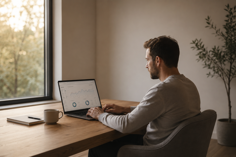 A person working on technical SEO at a quiet minimal desk with soft daylight