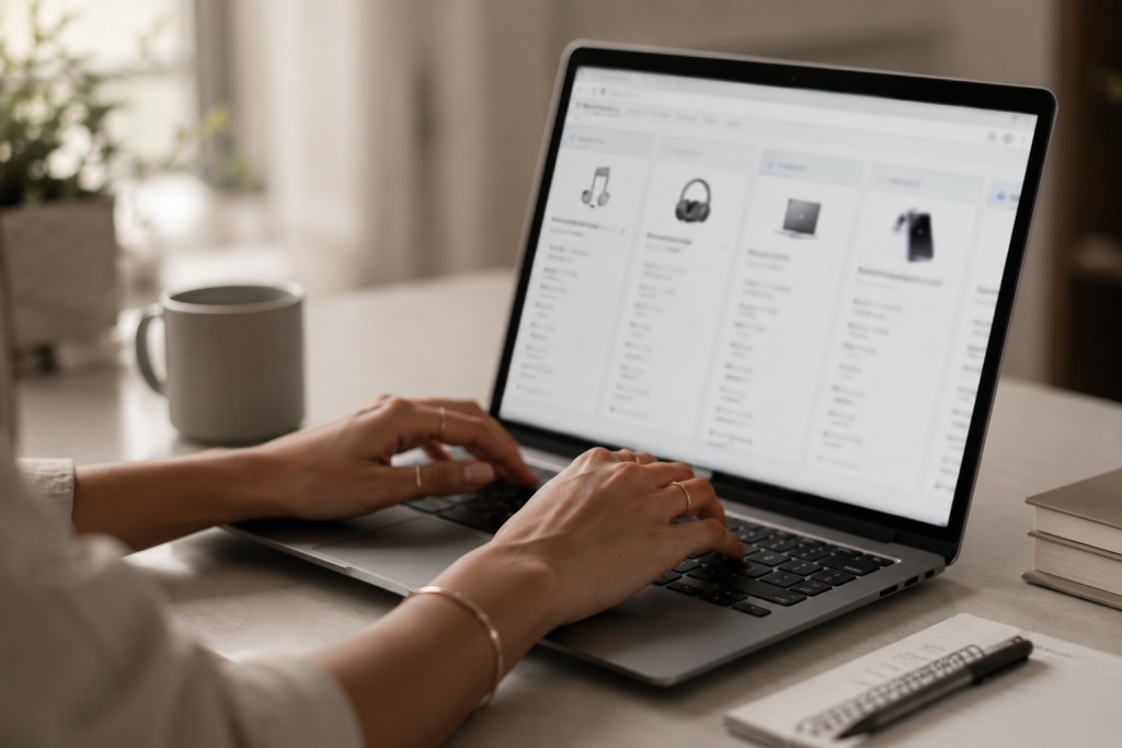 A customer comparing options online during the decision stage of a marketing funnel