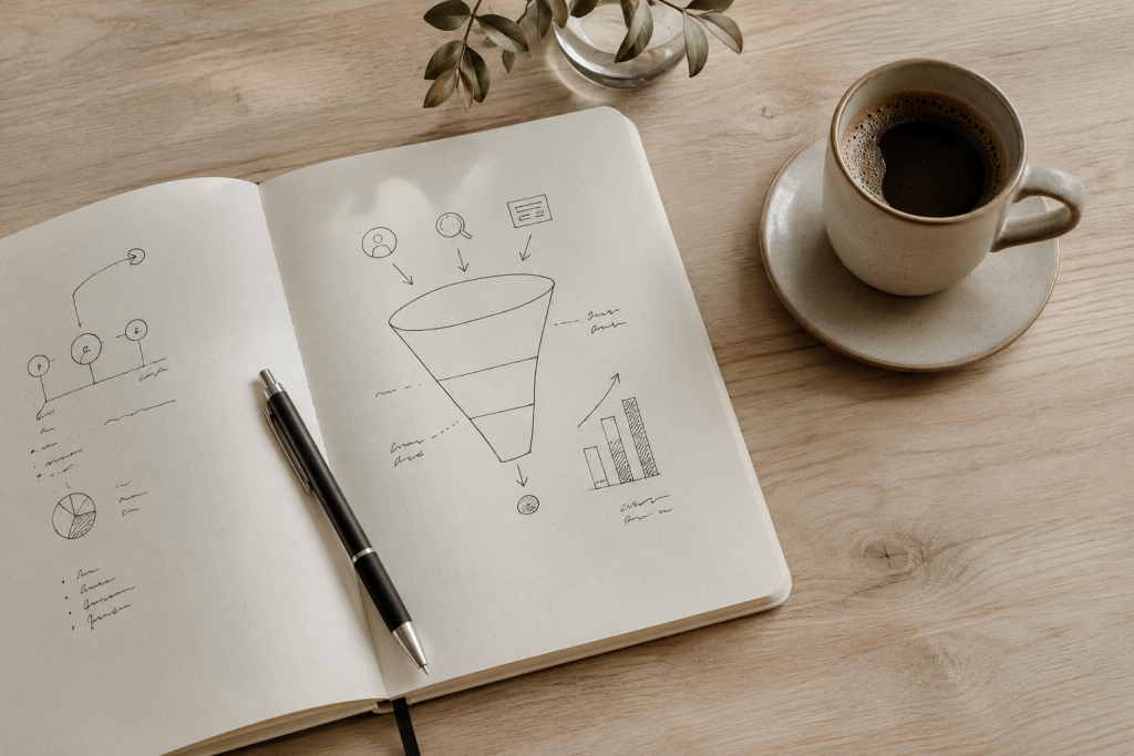 A hand-drawn marketing funnel strategy sketch in a notebook representing funnel planning