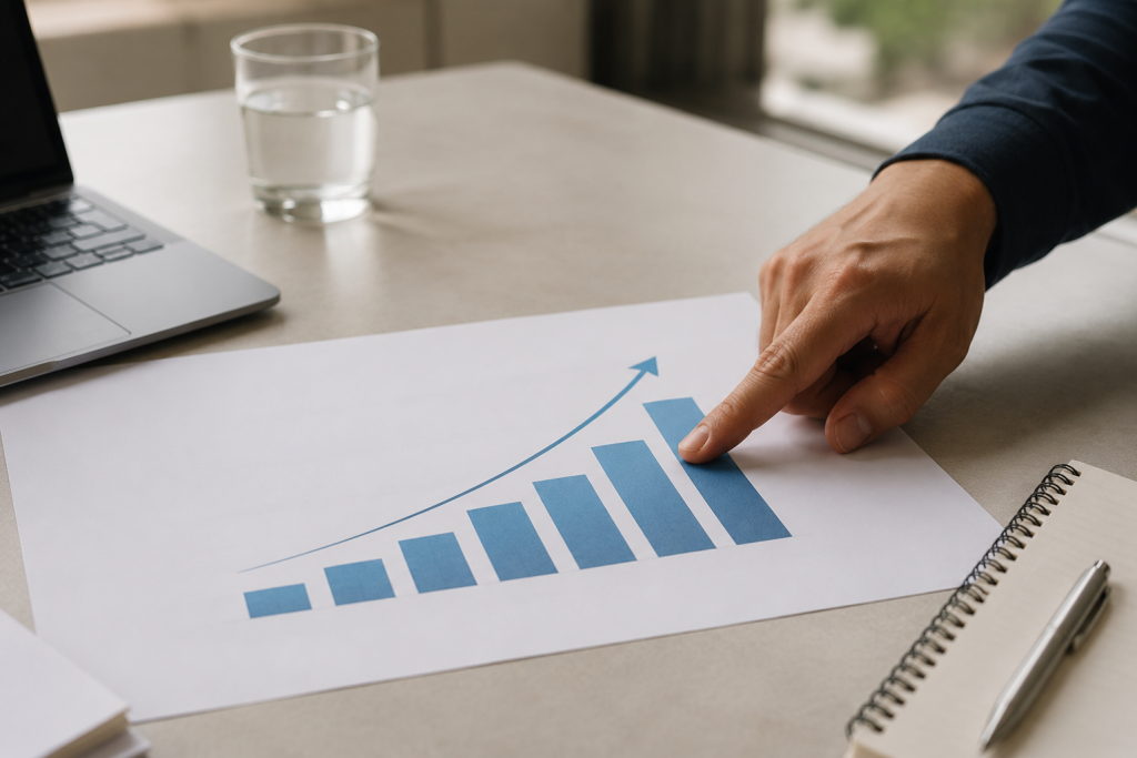 A professional reviewing marketing funnel results showing steady business growth