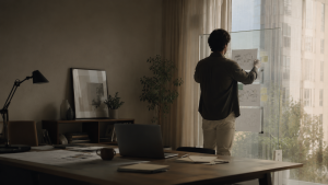 A professional reviewing a marketing funnel strategy plan in a calm modern workspace