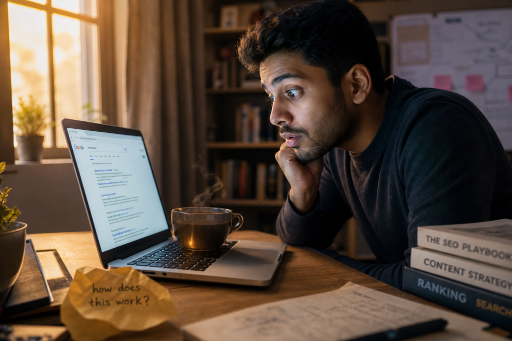 Young blogger leaning forward with curiosity while discovering how search engines work on a laptop