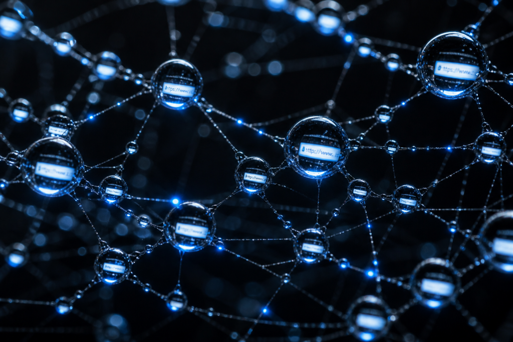 Macro spider web with glowing dew drops representing how a web crawler discovers and crawls pages across the internet