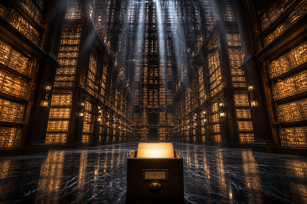 Infinite digital library with glowing shelves representing how indexing stores every web page in a search engine database
