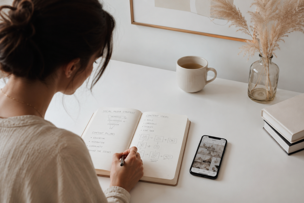 A beginner planning a social media marketing for beginners strategy in a notebook with a phone beside it