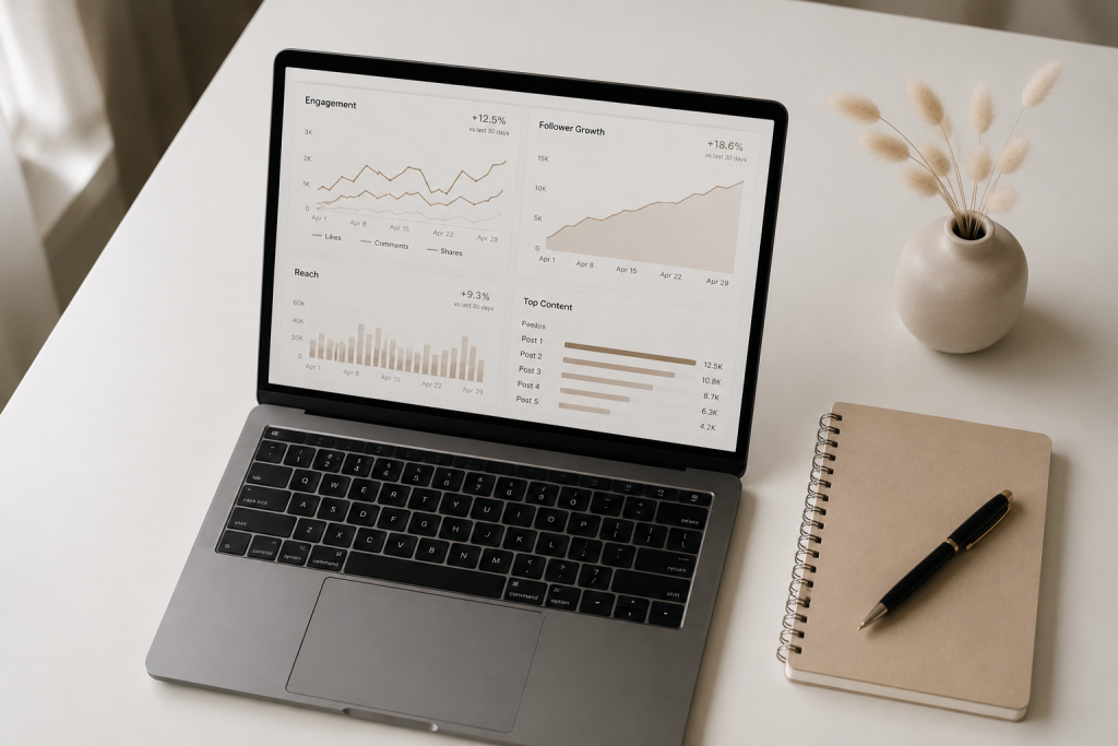 A laptop showing social media analytics dashboard tracking engagement rate for social media marketing for beginners