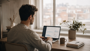 Beginner learning social media marketing for beginners on a laptop at a calm home office setup